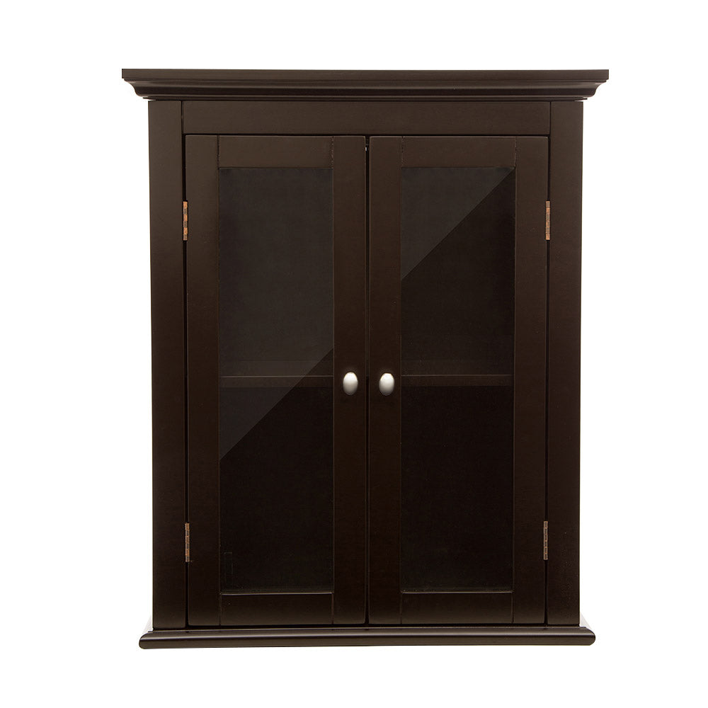 Wooden Wall Mounted Storage Cabinet with Glass Double Doors, Espresso