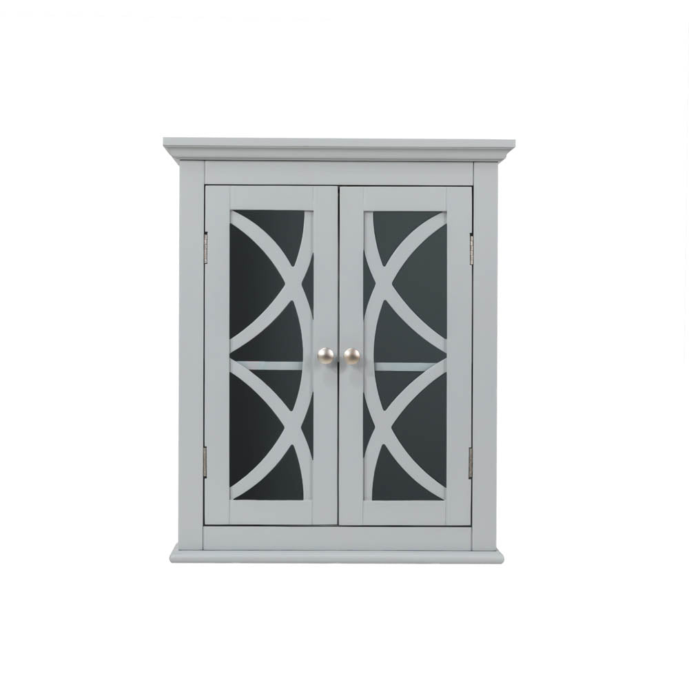 Wooden Wall Mounted Storage Cabinet with Glass Double Doors, Gray