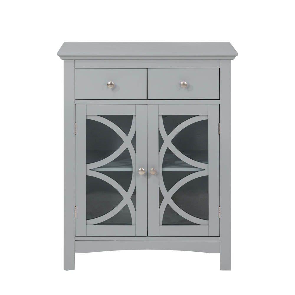 Wooden Free Standing Storage Cabinet with Glass Double Doors and Drawer, Gray