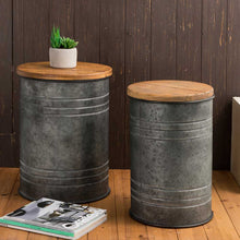 Load image into Gallery viewer, Rustic Galvanized Metal Storage Accent Table or Stool with Round Wood Lid,  Set of 2
