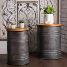 Load image into Gallery viewer, Rustic Galvanized Metal Storage Accent Table or Stool with Round Wood Lid,  Set of 2
