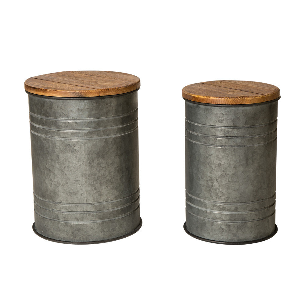 Rustic Galvanized Metal Storage Accent Table or Stool with Round Wood Lid,  Set of 2