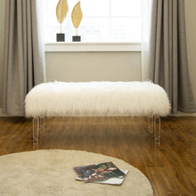 Load image into Gallery viewer, 44.88&quot;L White Faux Fur Acrylic Bench with Acrylic Legs
