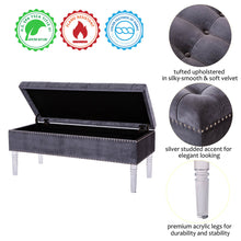 Load image into Gallery viewer, 44.88&quot;L Grey Padded Velvet Storage Ottoman Bench with Acrylic Legs
