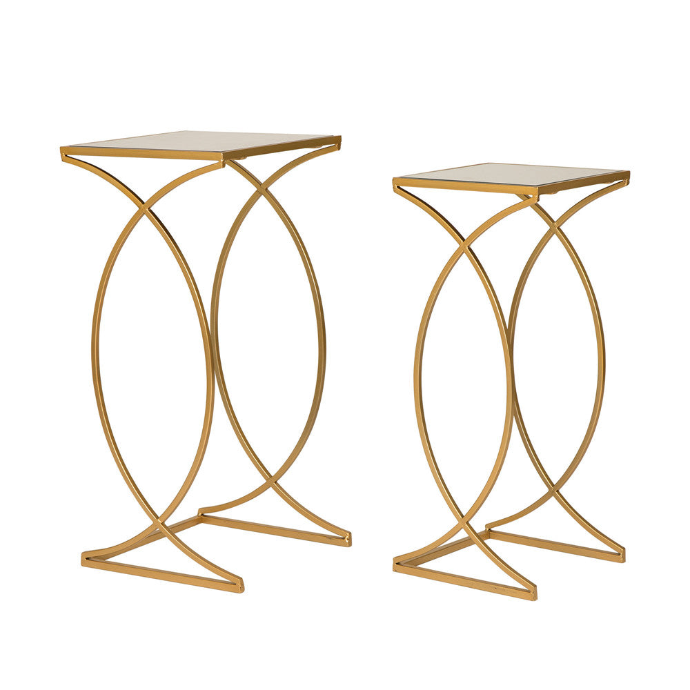 Gold Metal Nesting Accent End Table/Coffee Table with Glass Top, Set of 2