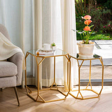 Load image into Gallery viewer, Gold Metal Nesting Side &amp; End Accent Tables with Glass Top, Set of 2
