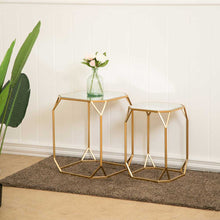 Load image into Gallery viewer, Gold Metal Nesting Side &amp; End Accent Tables with Glass Top, Set of 2
