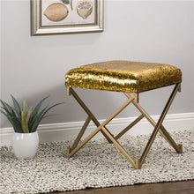 Load image into Gallery viewer, 17.30&quot;H Sapphire Blue and Gold Shimmering Sequin Stool with Metal Gold legs
