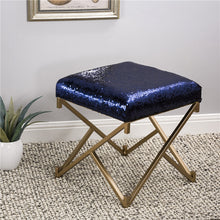 Load image into Gallery viewer, 17.30&quot;H Sapphire Blue and Gold Shimmering Sequin Stool with Metal Gold legs
