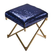 Load image into Gallery viewer, 17.30&quot;H Sapphire Blue and Gold Shimmering Sequin Stool with Metal Gold legs
