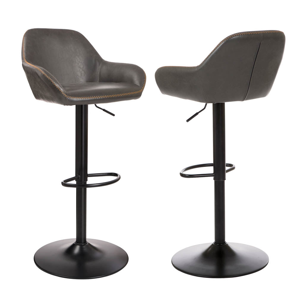 Mid-Century Grey Leatherette Gaslift Adjustable Swivel Bar Stool, Set of 2