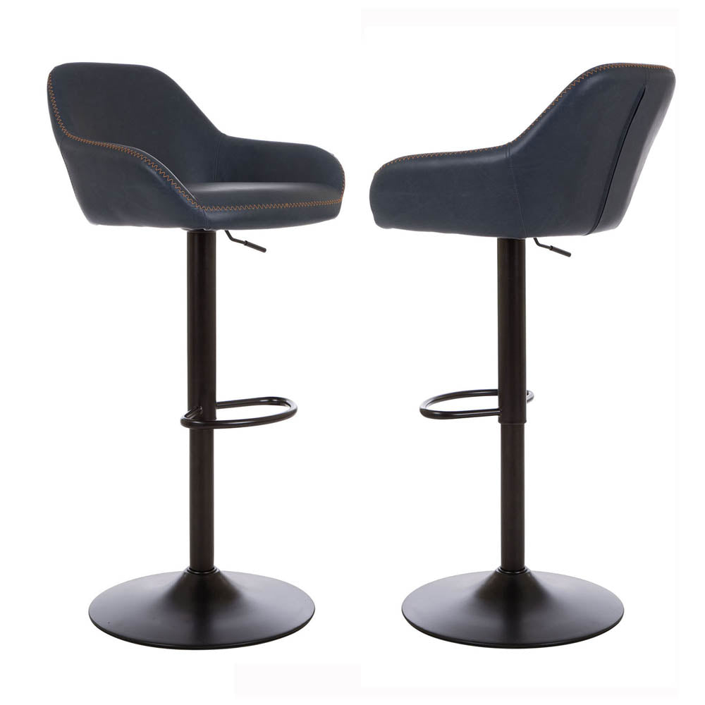 Mid-Century Modern Navy Blue Leatherette Gaslift Adjustable Swivel Bar Stool, Set of 2