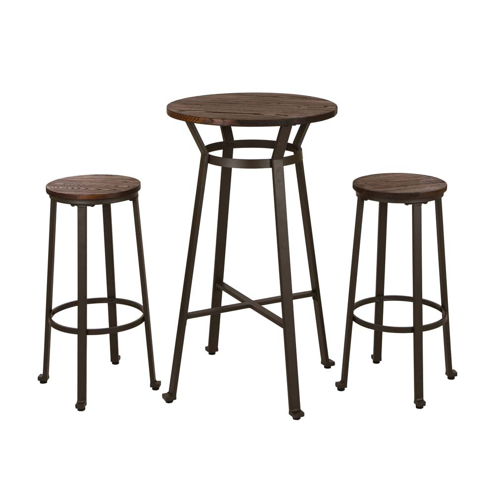 Rustic Steel Pub Bar Table and Stools with Elm Wood Top (1 Tabel+2 Stools)