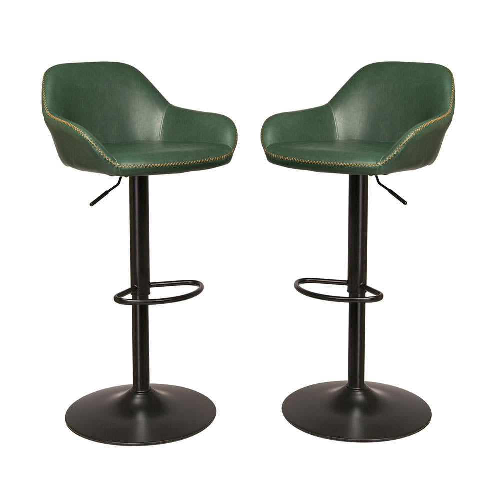 Mid-Century Modern Hunter Green Leatherette Gaslift Adjustable Swivel Bar Stool, Set of 2