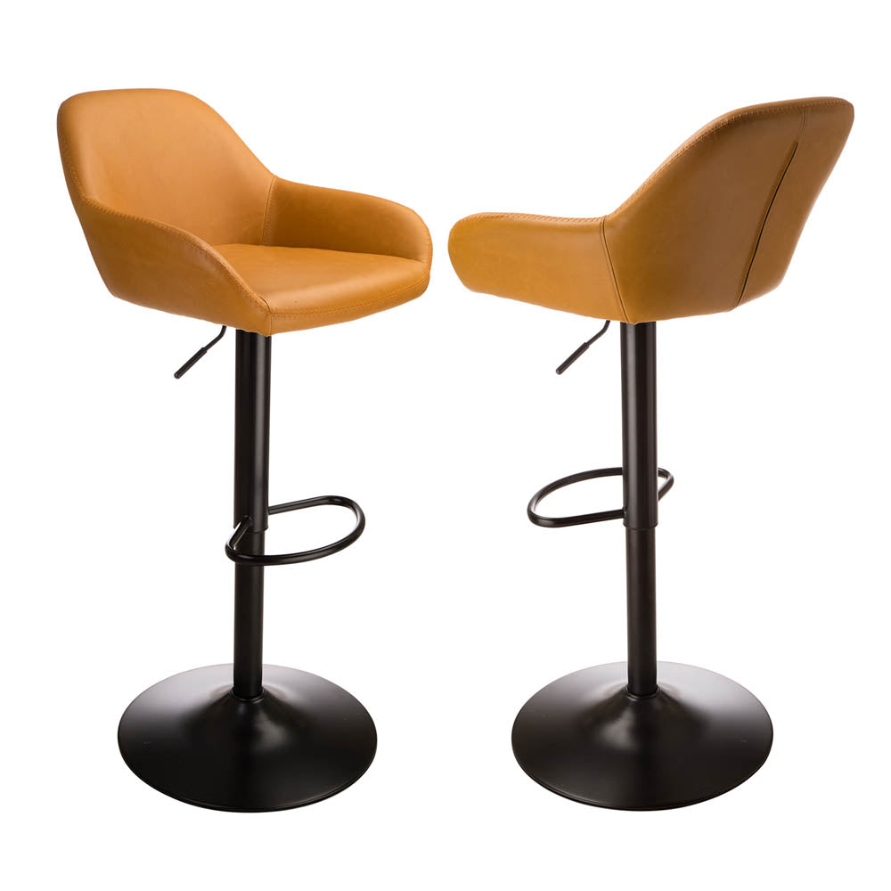 Mid-Century Modern Mustard Yellow Leatherette Gaslift Adjustable Swivel Bar Stool, Set of 2