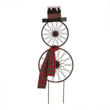 Load image into Gallery viewer, Glizhome 36&quot;H Rusty Metal Bike Wheel Snowman Yard Stake or Wall Decor with Plaid Scarf
