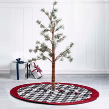 Load image into Gallery viewer, 48&quot;D Black White Plaid Fabric Christmas Tree Skirt with Red Trim
