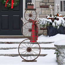 Load image into Gallery viewer, 33.98&quot;H Metal Bike Wheel Snowman with Plaid Scarf Porch Decor
