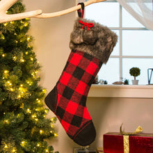 Load image into Gallery viewer, 21&quot;L Fur Black/Red Buffalo Plaid Stocking
