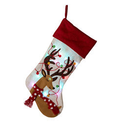 21''L LED Embroidered Linen Christmas Stocking - Reindeer