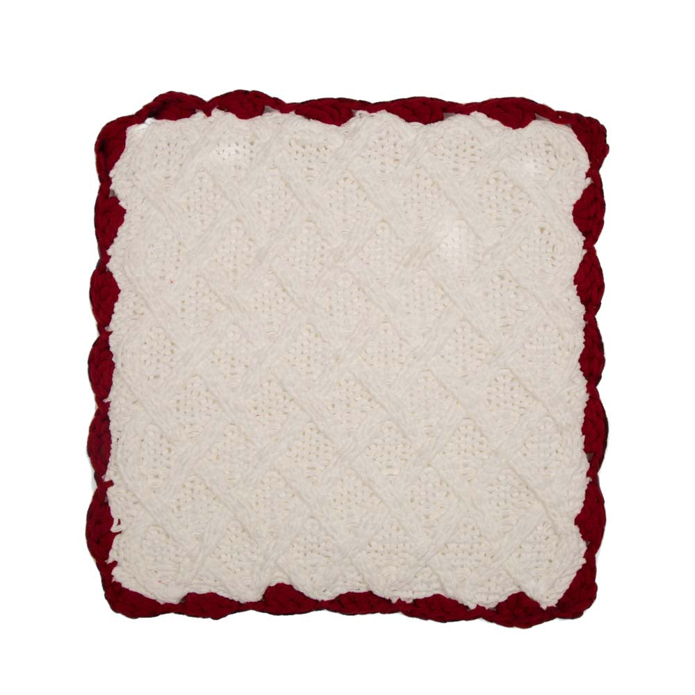 Knitted Polyester White Pillow Cover with Red Trim & Pompom