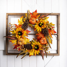 Load image into Gallery viewer, 24&quot;D Yellow/Orange Sunflower Wreath with 28&quot;L Window Frame
