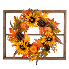 Load image into Gallery viewer, 24&quot;D Yellow/Orange Sunflower Wreath with 28&quot;L Window Frame
