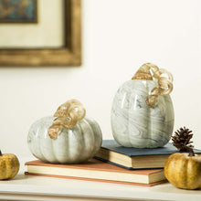 Load image into Gallery viewer, S/2 Hand Blown Gray Marbleized Glass Pumpkin Decor
