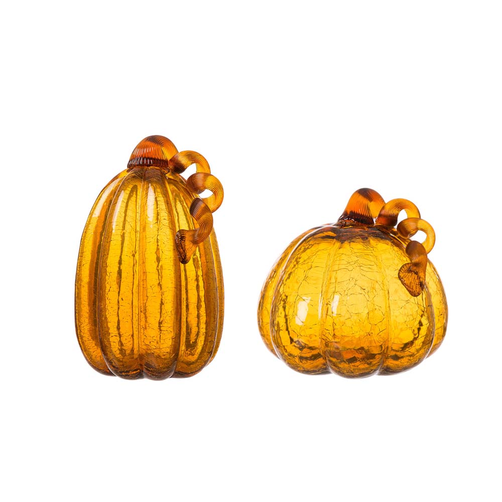 S/2 Hand Blown Amber Crackle Glass Pumpkin Decor