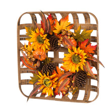 Load image into Gallery viewer, 24&quot;D Yellow/Orange Sunflower Wreath With 24&quot;L Vintage Natural Tobacco Basket
