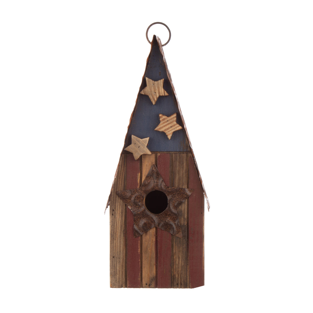 12.4 Inch Height Wooden Patriotic Distressed Garden Birdhouse with Stars