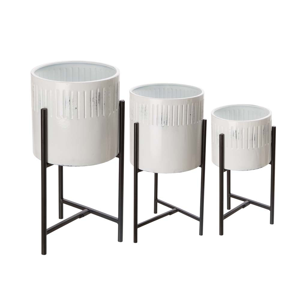 Set of 3 Washed White Metal Plant Stands