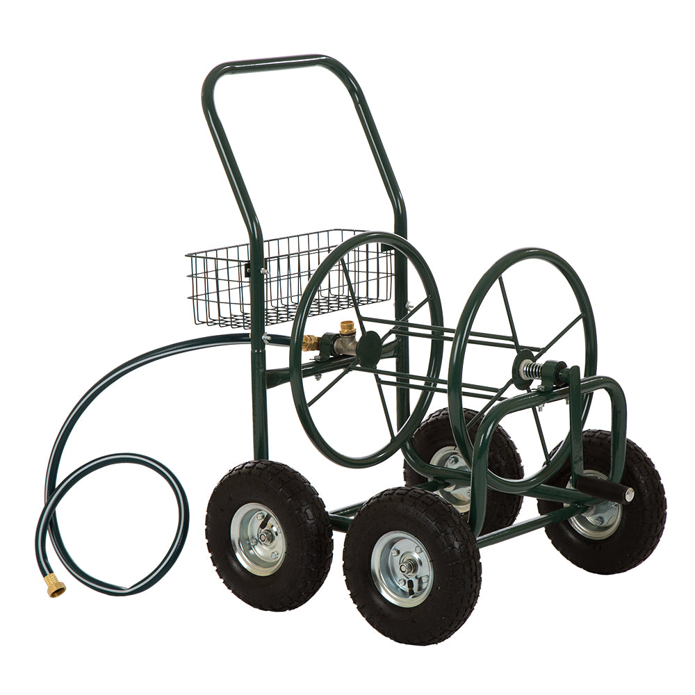 34.45''H Green Garden Hose Reel Cart with Wheels and Steel Basket