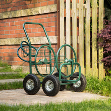 Load image into Gallery viewer, 34.45&#39;&#39;H Green Garden Hose Reel Cart with Wheels and Steel Basket
