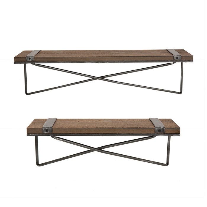 Farmhouse Rustic Metal Wooden Wall Mounted Shelves, Set of 2