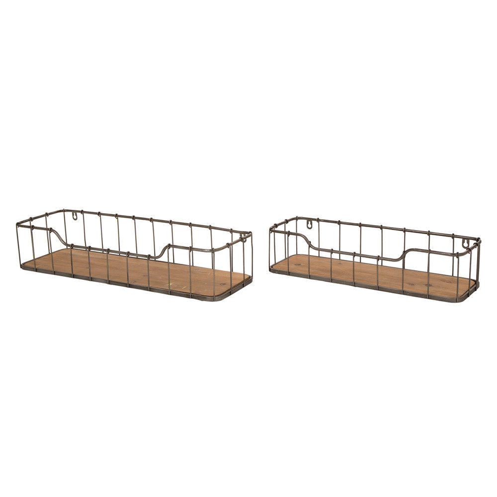 Farmhouse Ructic Metal Wooden Wall Storage Basket Shelves, Set of 2