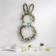 Load image into Gallery viewer, 24.5&quot;H Easter Bunny Shaped Wreath with Eggs &amp; Blue Satin Ribbon Bow
