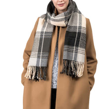 Load image into Gallery viewer, Unisex Oversized Black, White and Gray Plaid Scarf with Tassels
