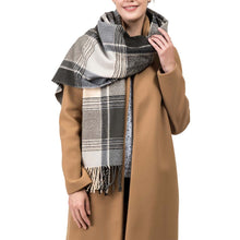 Load image into Gallery viewer, Unisex Oversized Black, White and Gray Plaid Scarf with Tassels
