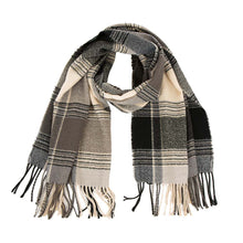 Load image into Gallery viewer, Unisex Oversized Black, White and Gray Plaid Scarf with Tassels
