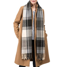 Load image into Gallery viewer, Unisex Oversized Black, White and Gray Plaid Scarf with Tassels
