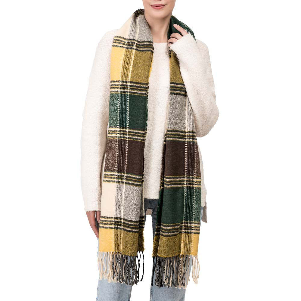 Unisex Oversized Orange, Green and Purple Plaid Scarf with Tassels