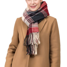 Load image into Gallery viewer, Women Oversized Red, Cream and Gray Plaid Scarf with Tassels
