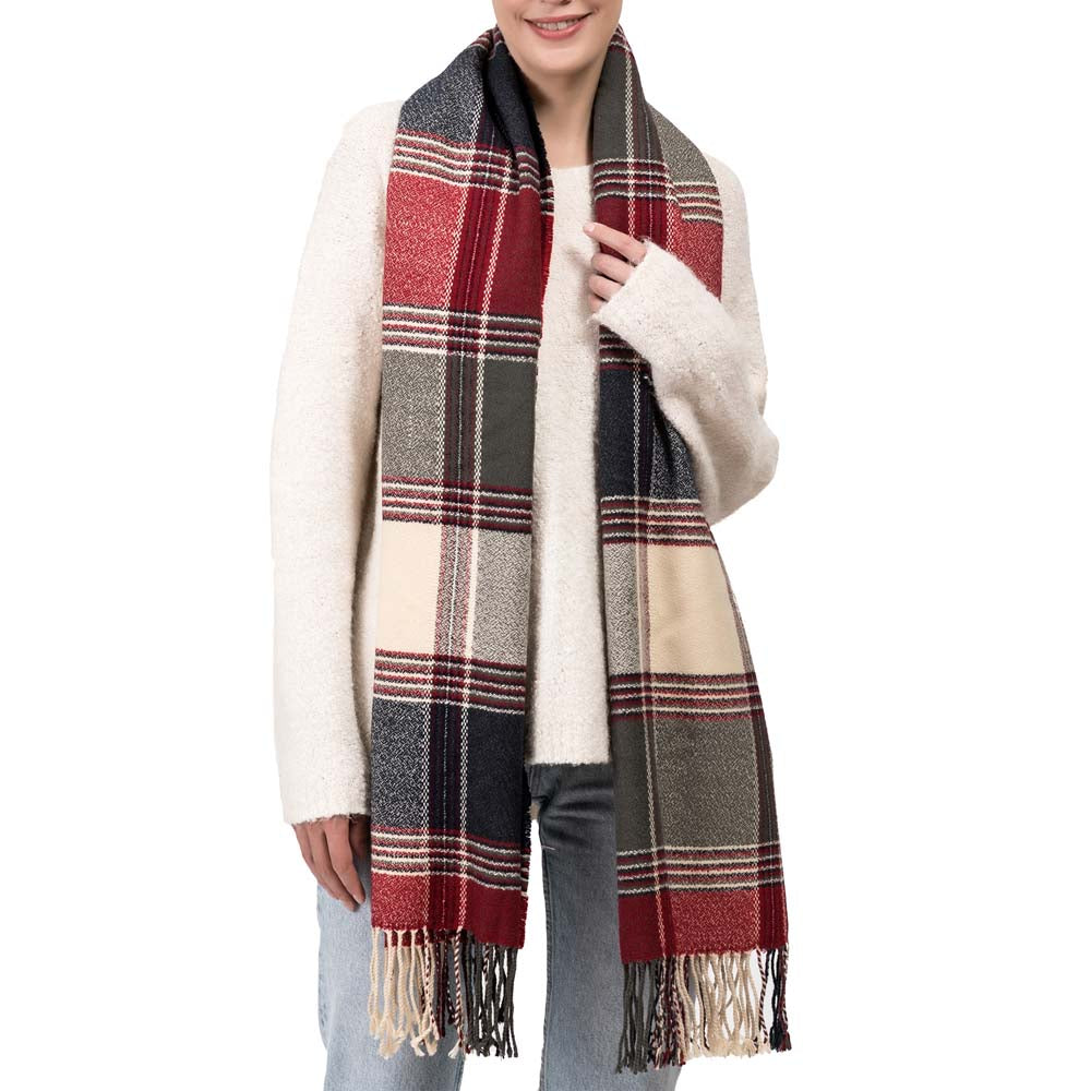 Women Oversized Red, Cream and Gray Plaid Scarf with Tassels