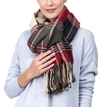 Load image into Gallery viewer, Women Oversized Red, Cream and Gray Plaid Scarf with Tassels
