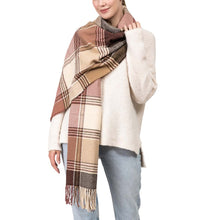 Load image into Gallery viewer, Women Oversized Pink, Cream and Gray Plaid Scarf with Tassels
