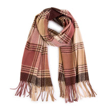 Load image into Gallery viewer, Women Oversized Pink, Cream and Gray Plaid Scarf with Tassels
