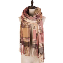 Load image into Gallery viewer, Women Oversized Pink, Cream and Gray Plaid Scarf with Tassels
