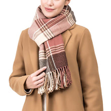 Load image into Gallery viewer, Women Oversized Pink, Cream and Gray Plaid Scarf with Tassels
