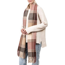 Load image into Gallery viewer, Women Oversized Pink, Cream and Gray Plaid Scarf with Tassels
